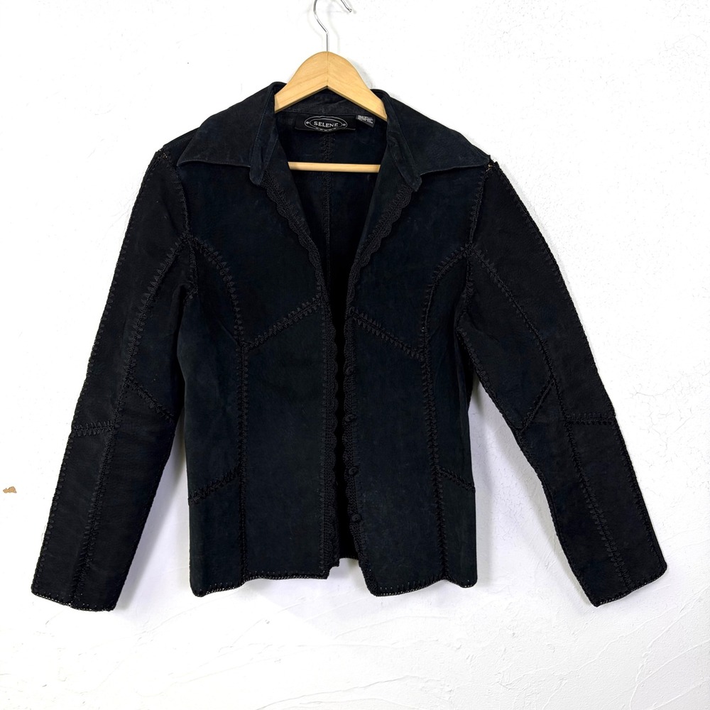 Vtg Selene Sport Patchwork Leather Jacket Women M Black Crochet Suede Western